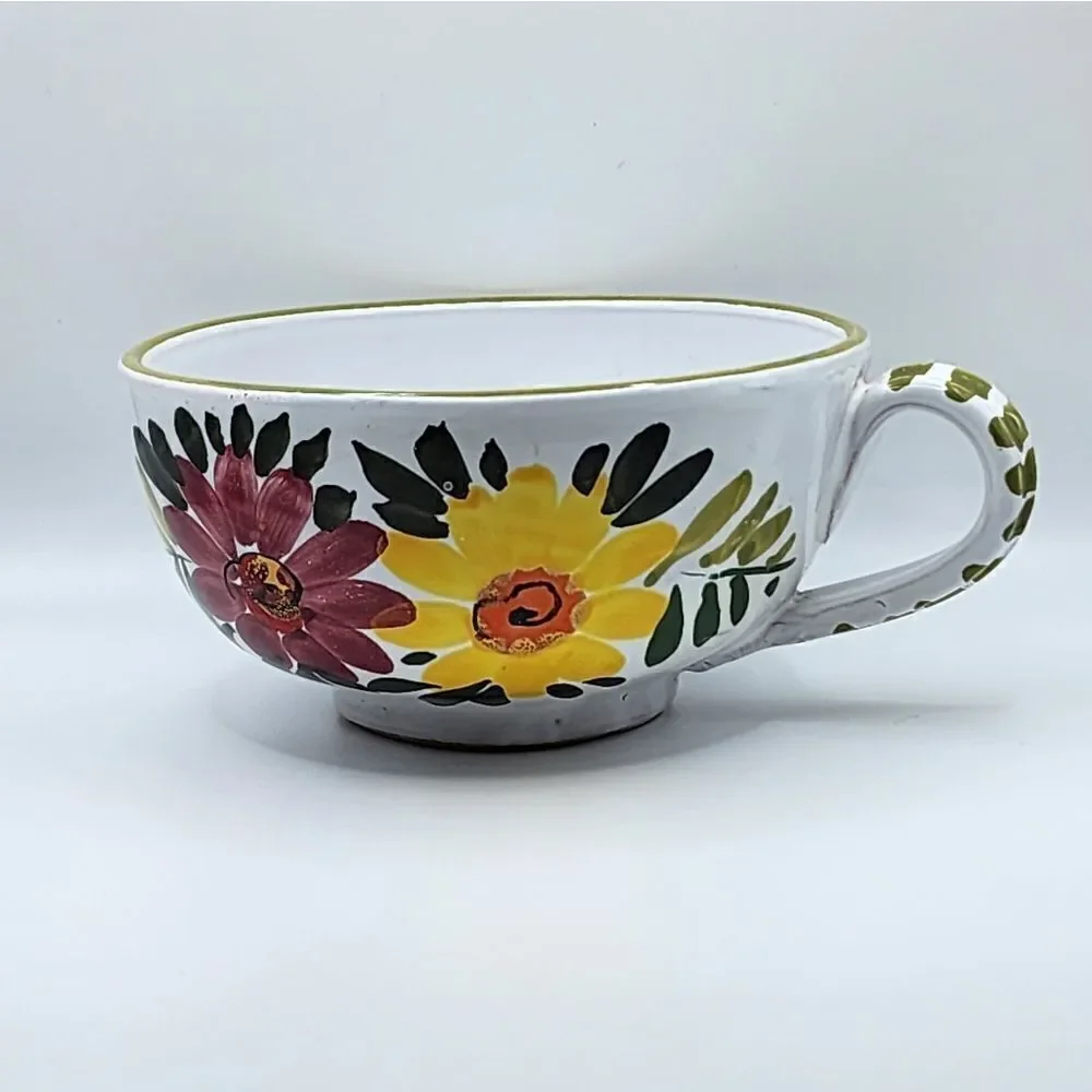 Vintage Large Italy Art Deco Cup Coffee Or Soup Bowl Flowers Colorful